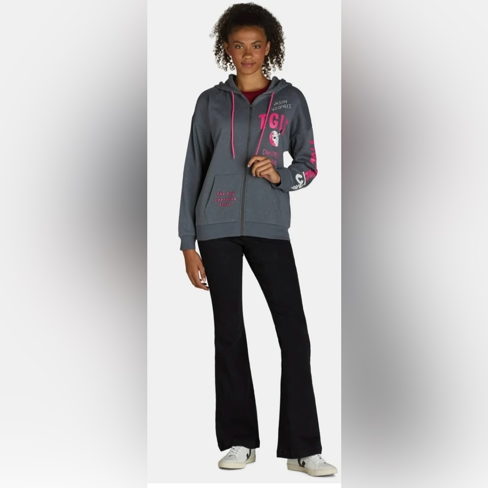 Friday the 13th pink and gray graphic zip up hoodie!‎ NWT! Size XS.